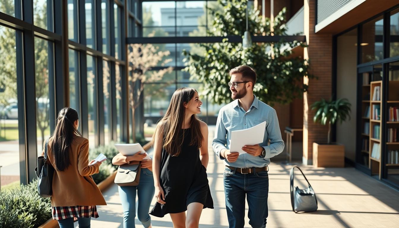 Students studying together in modern classroom